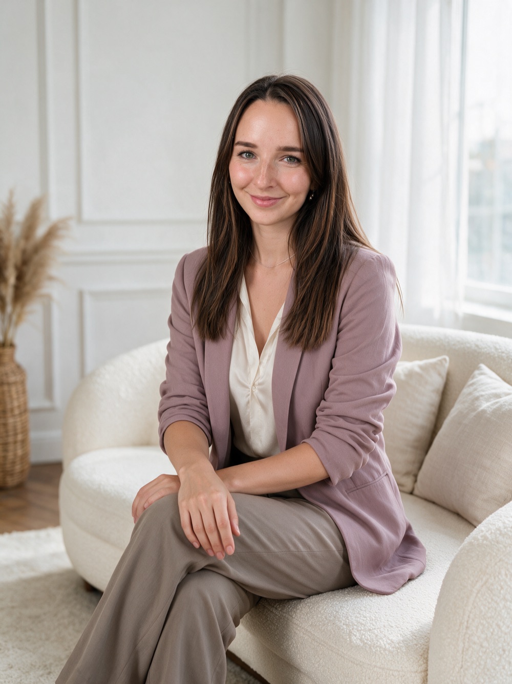 Anna Ziegler sitzt entspannt lächelnd auf einem hellen Sofa